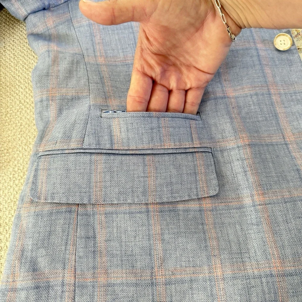 Tallia Mens 40S Blue Pink Windowpane Plaid 100% Linen Sport Coat Blazer Jacket